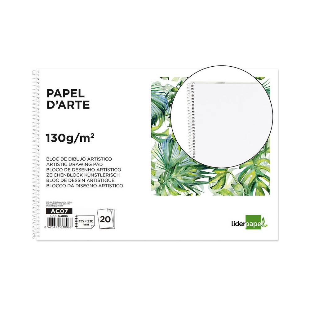 Bloc dibujo liderpapel artistico espiral 230x325mm 20 hojas 130g/m2 sin recuadro sin microperforado