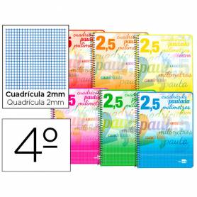 Cuaderno espiral liderpapel cuarto pautaguia tapa blanda 40h 75 gr cuadro pautado 2,5mmcon margen colores surtidos