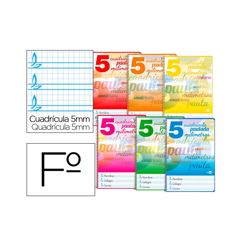 Cuaderno espiral liderpapel folio pautaguia tapa dura 80h 75 gr cuadro pautado 5mmcon margen colores surtidos