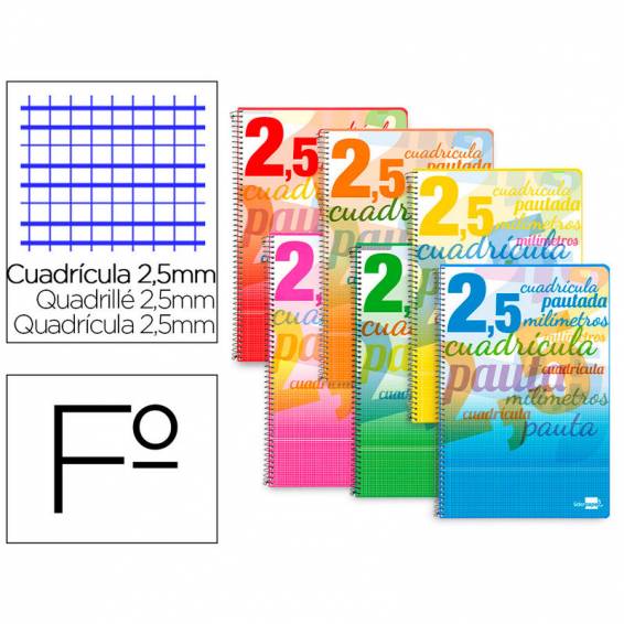 Cuaderno espiral liderpapel folio pautaguia tapa dura 80h 75 gr cuadro pautado 2,5mm con margen colores surtidos