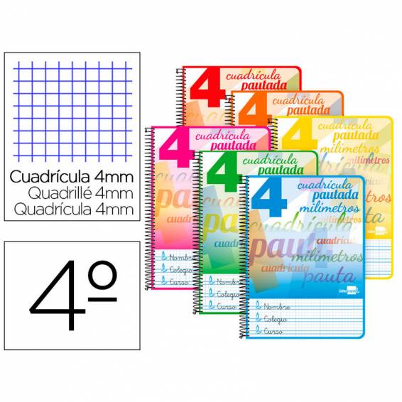 Cuaderno espiral liderpapel cuarto pautaguia tapa blanda 40h 75 gr cuadro pautado 4mm colores surtidos