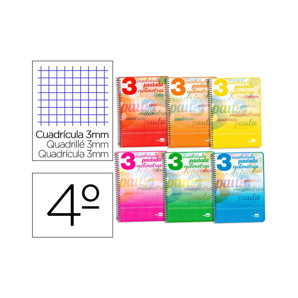 Cuaderno espiral liderpapel cuarto pautaguia tapa blanda 40h 75 gr cuadro pautado 3 mm con margen colores surtidos