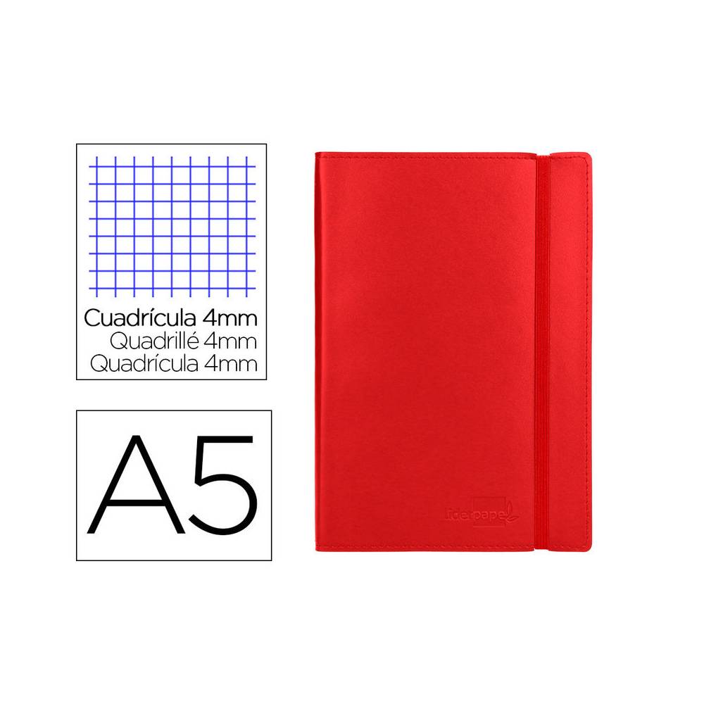 Libreta liderpapel simil piel a5 120 hojas 70g/m2 cuadro 4mm sin margen rojo