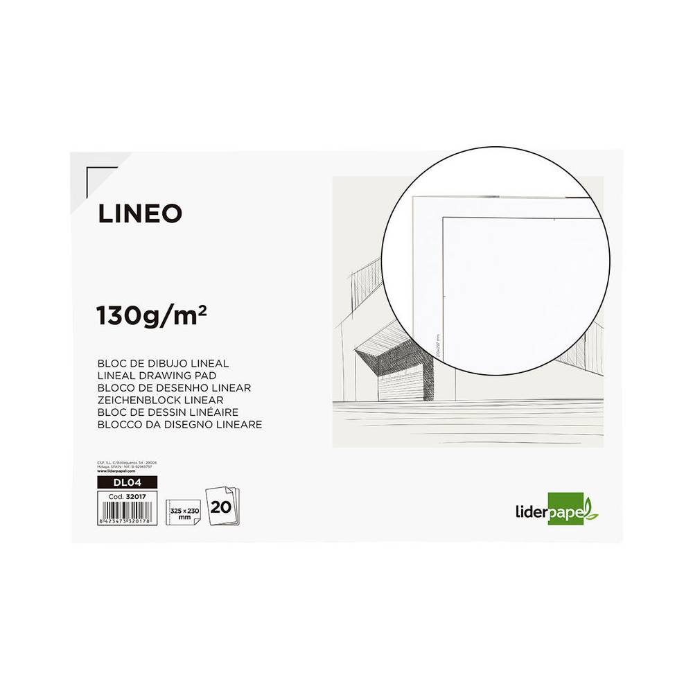 Bloc dibujo liderpapel lineal encolado 230x325mm 20 hojas 130 gr/m2 sin recuadro