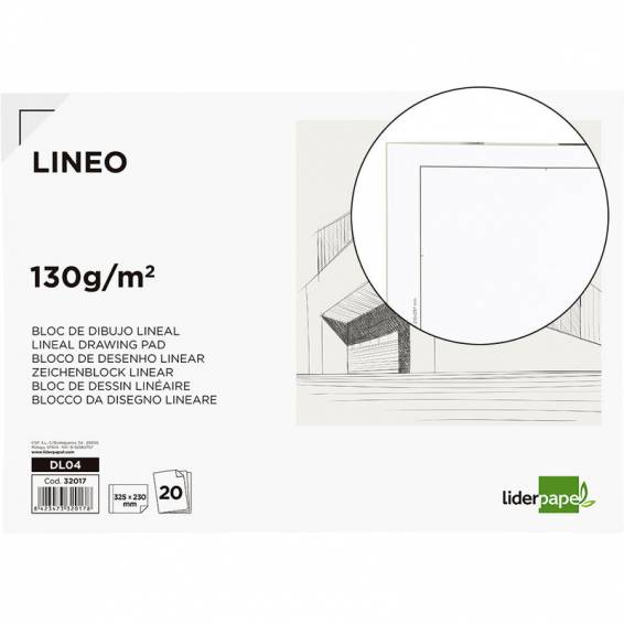 Bloc dibujo liderpapel lineal encolado 230x325mm 20 hojas 130 gr/m2 sin recuadro