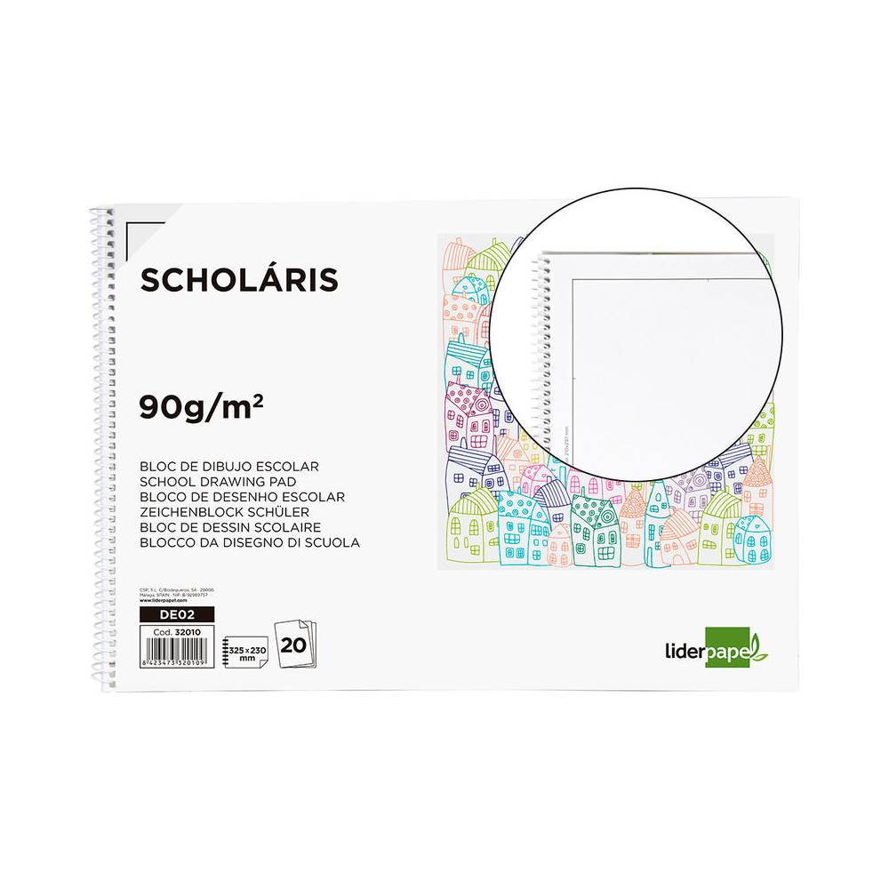 Bloc dibujo liderpapel escolar espiral 230x325mm 20 hojas 90 gr/m2 con recuadro