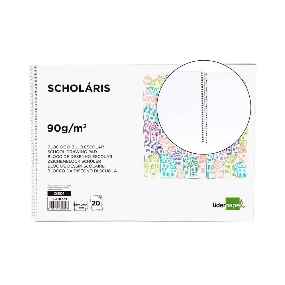 Bloc dibujo liderpapel escolar espiral 230x325mm 20 hojas 90 gr/m2 sin recuadro