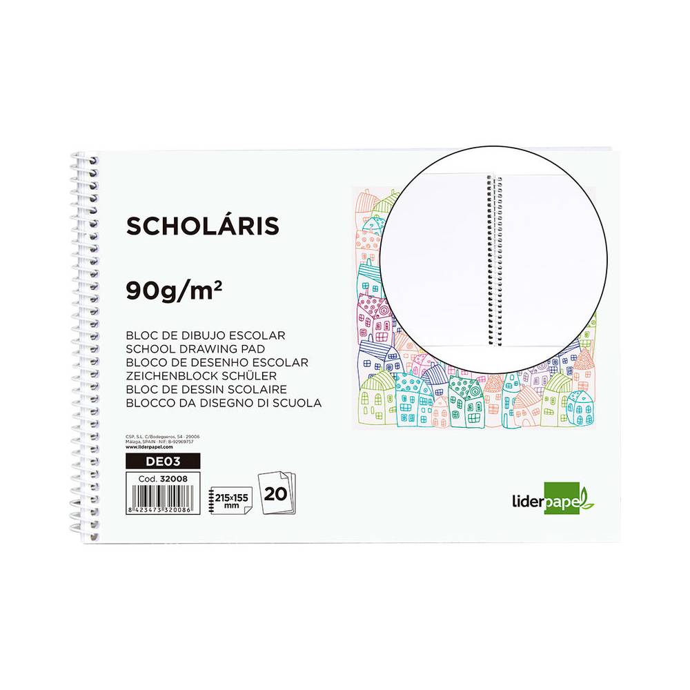 Bloc dibujo liderpapel escolar espiral 155x215mm 20 hojas 90 gr/m2 sin recuadro