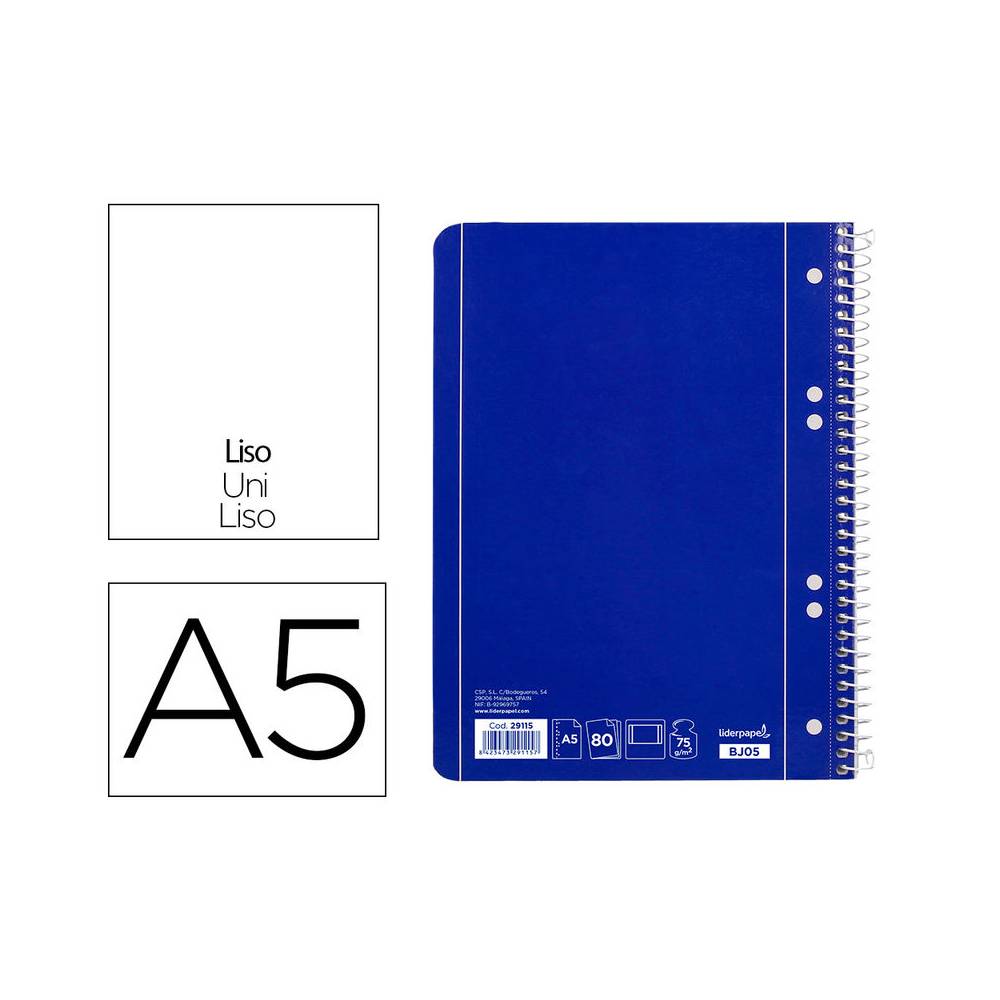 Cuaderno espiral liderpapel a5 micro serie azul tapa blanda 80h 75 gr liso 6taladros azul