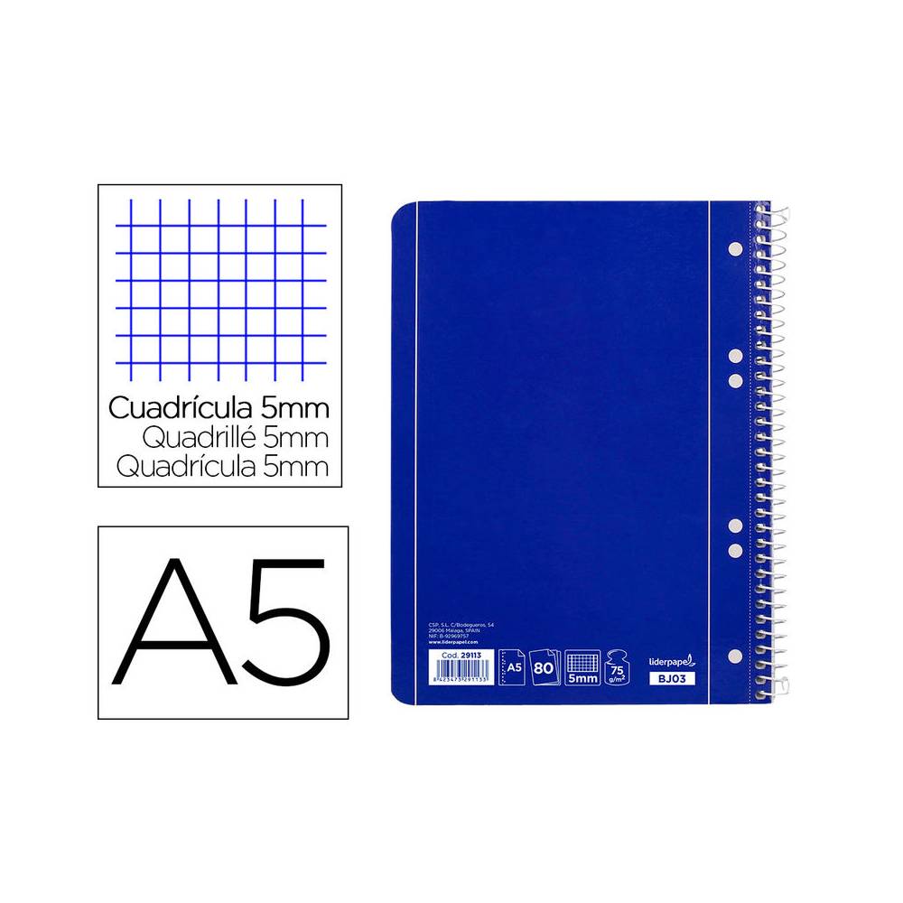 Cuaderno espiral liderpapel a5 micro serie azul tapa blanda 80h 75 gr cuadro5mm 6 taladros azul