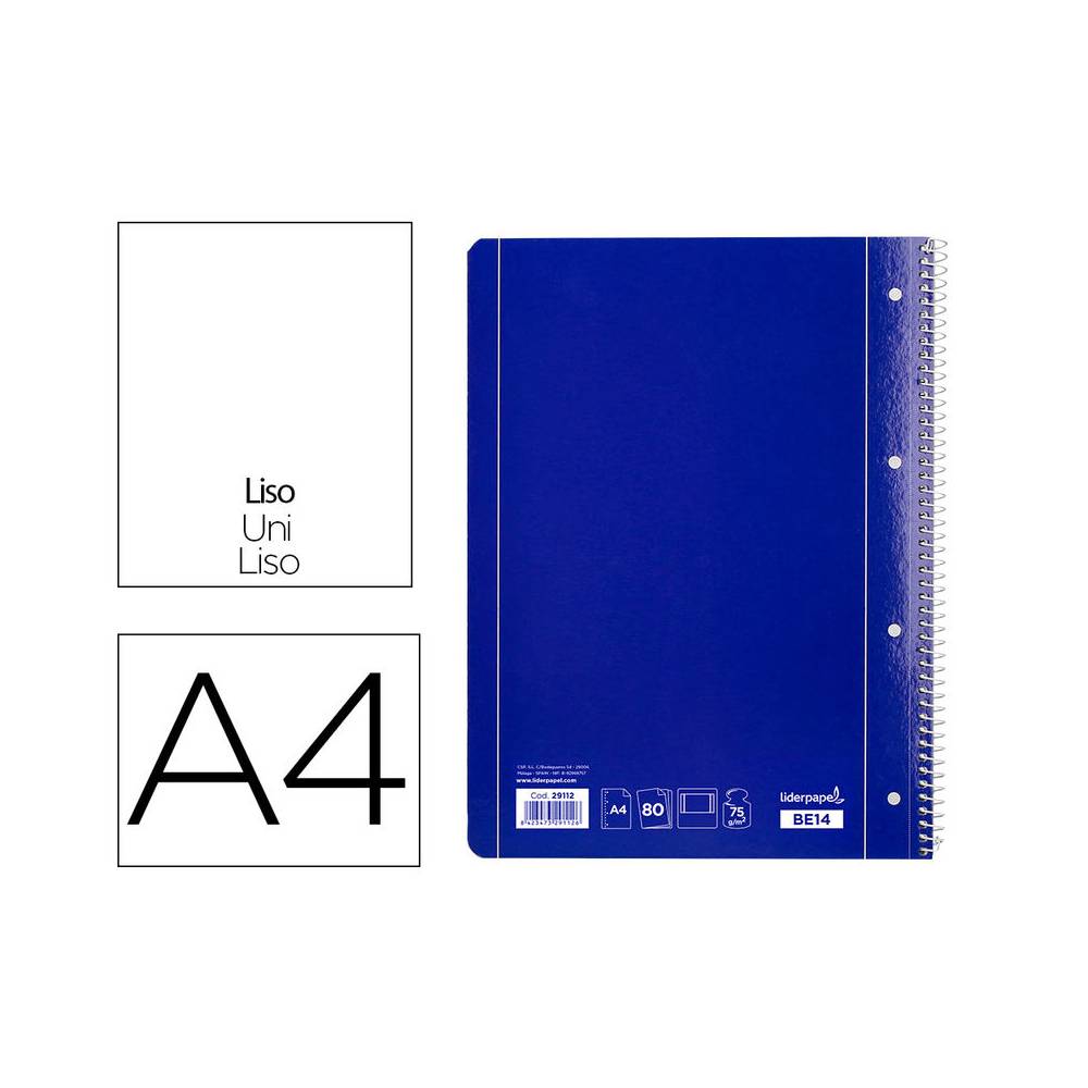 Cuaderno espiral liderpapel a4 micro serie azul tapa blanda 80h 75 gr liso con margen 4 taladros azul