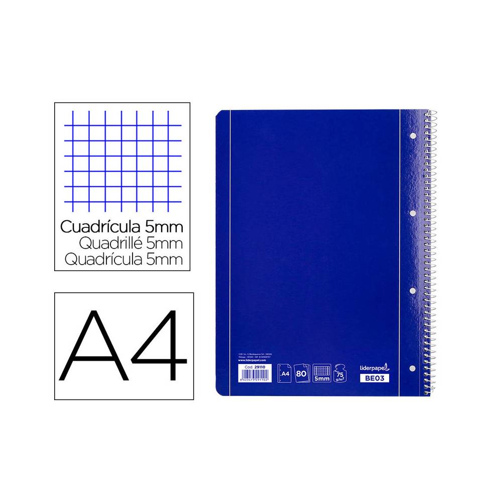 Cuaderno espiral liderpapel a4 micro serie azul tapa blanda 80h 80 gr cuadro5mm con margen 4 taladros azul