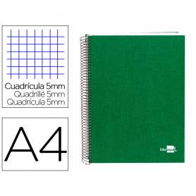 Cuaderno espiral liderpapel a4 micro papercoat tapa forrada 140h 75 gr cuadro5mm 5 bandas 4 taladros verde