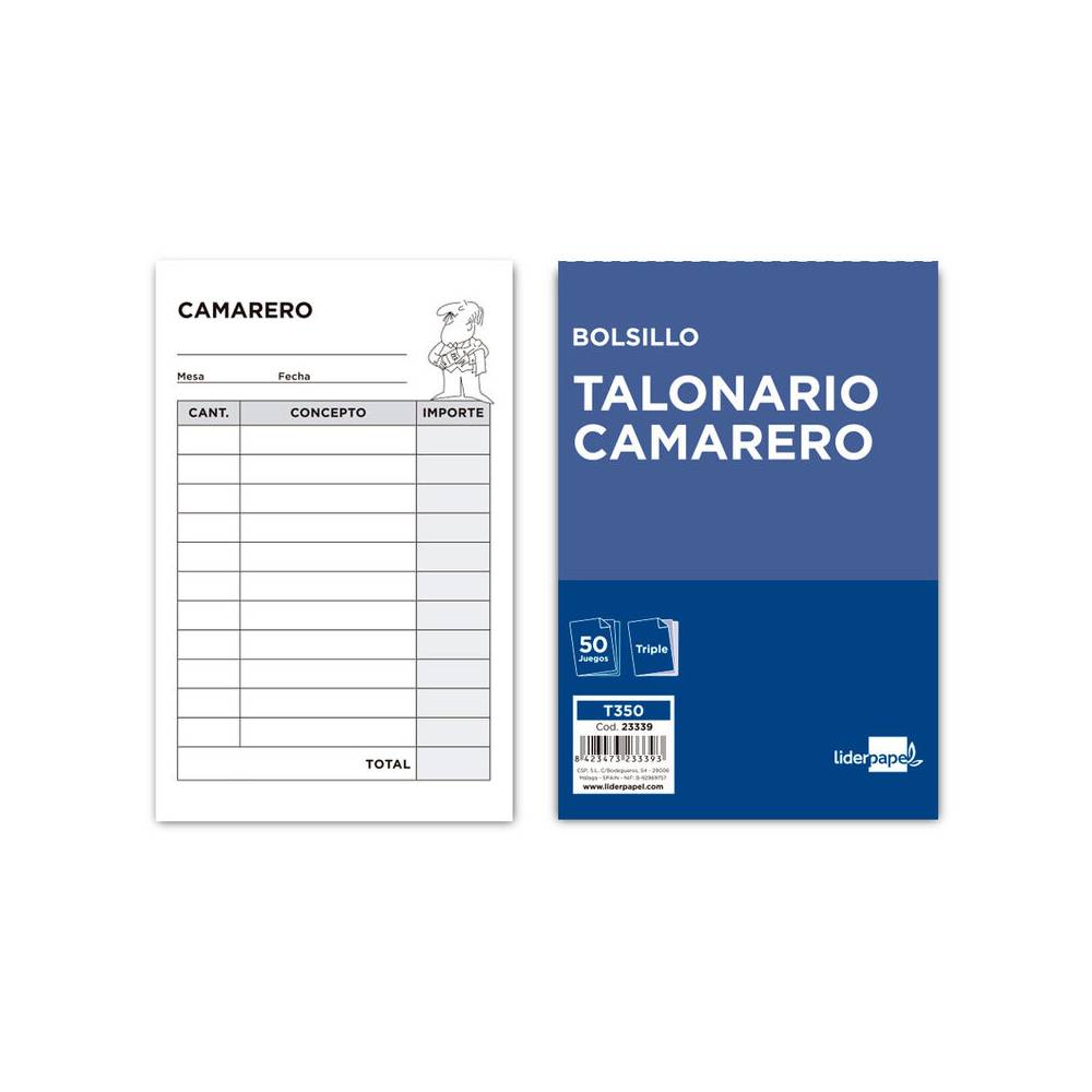 Talonario liderpapel camarero bolsillo original y 2 copias t350