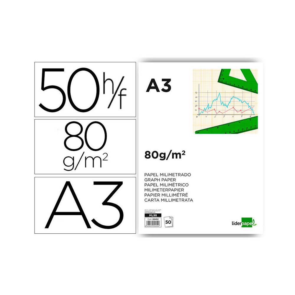 Bloc papel milimetrado liderpapel encolado 297x420 mm 50 hojas 80g/m2