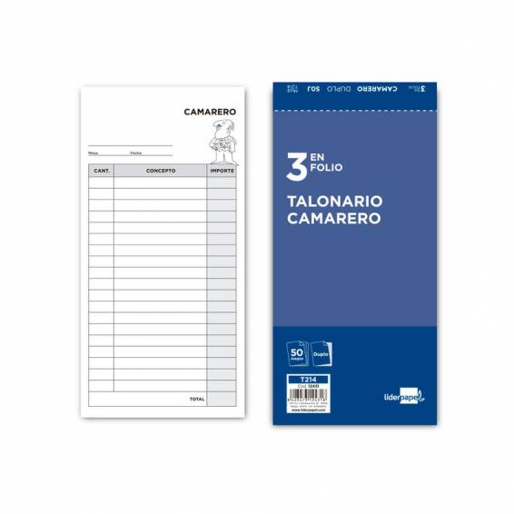 Talonario liderpapel camarero 3/fº original y copia t214