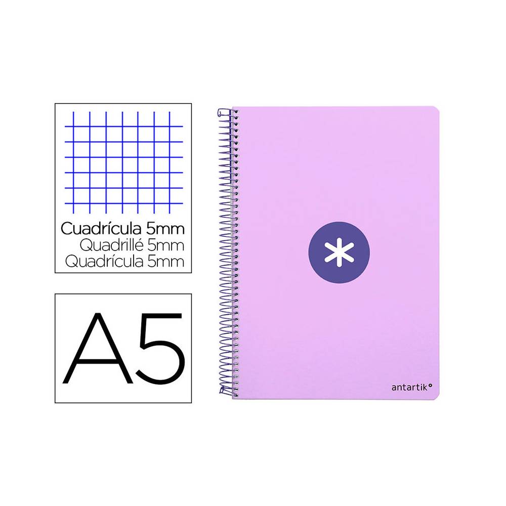 Cuaderno espiral liderpapel a5 antartik tapa dura 80h 100 gr cuadro 5mm color lavanda