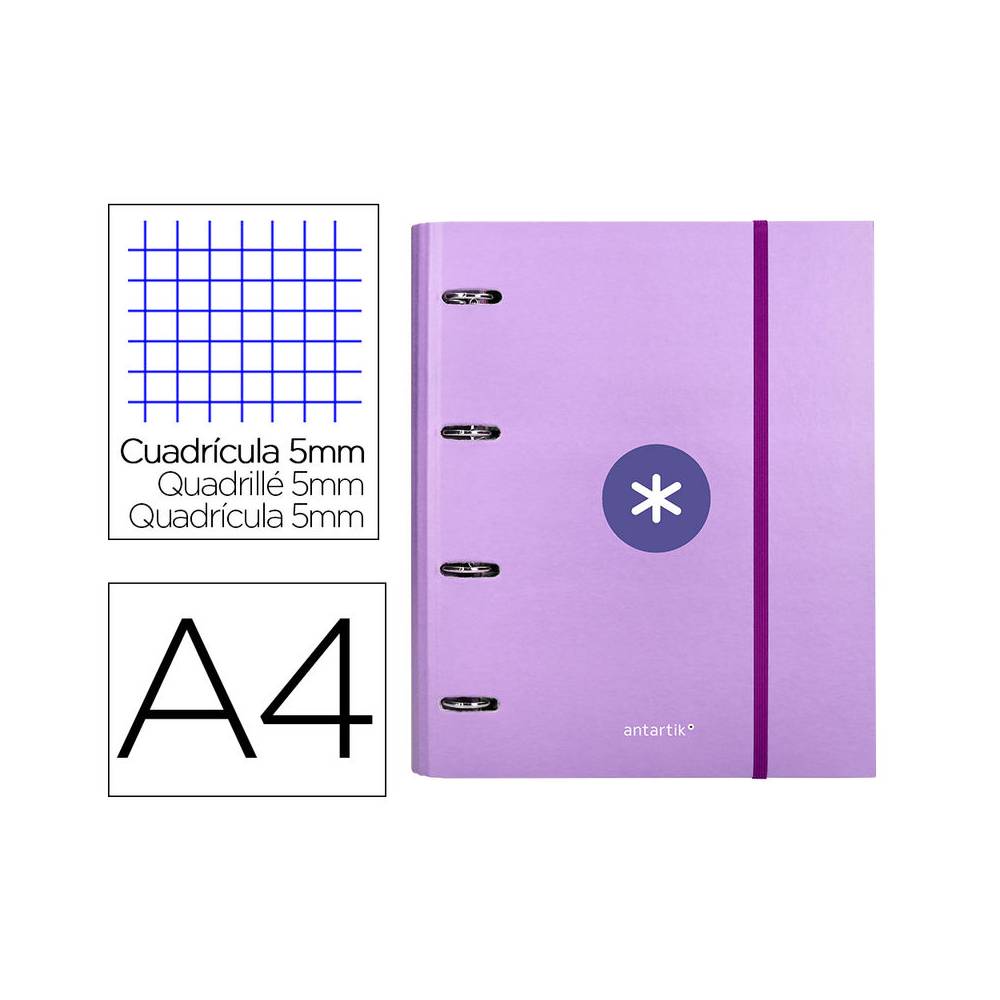 Carpeta con recambio liderpapel antartik a4 cuadro 5mm forrada 4 anillas 40mm redondas color lavanda