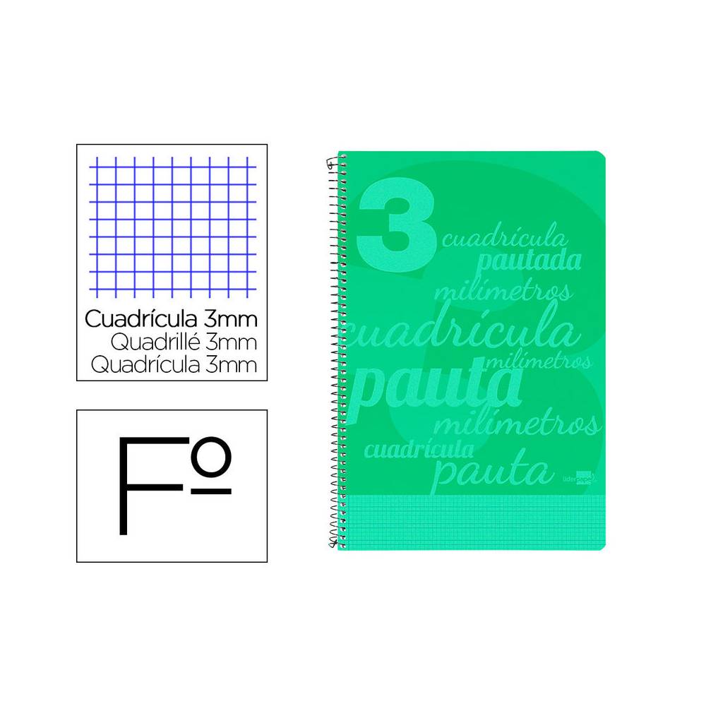 Cuaderno espiral liderpapel folio pautaguia tapa plastico 80h 75gr cuadro pautado 3mm con margen color verde