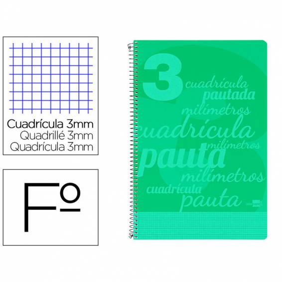 Cuaderno espiral liderpapel folio pautaguia tapa plastico 80h 75gr cuadro pautado 3mm con margen color verde