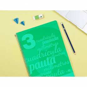 Cuaderno espiral liderpapel folio pautaguia tapa plastico 80h 75gr cuadro pautado 3mm con margen color verde