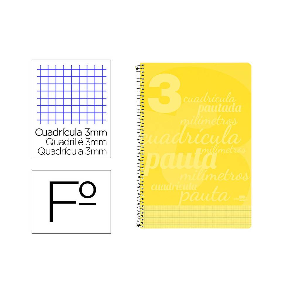 Cuaderno espiral liderpapel folio pautaguia tapa plastico 80h 75gr cuadro pautado 3mm con margen color amarillo