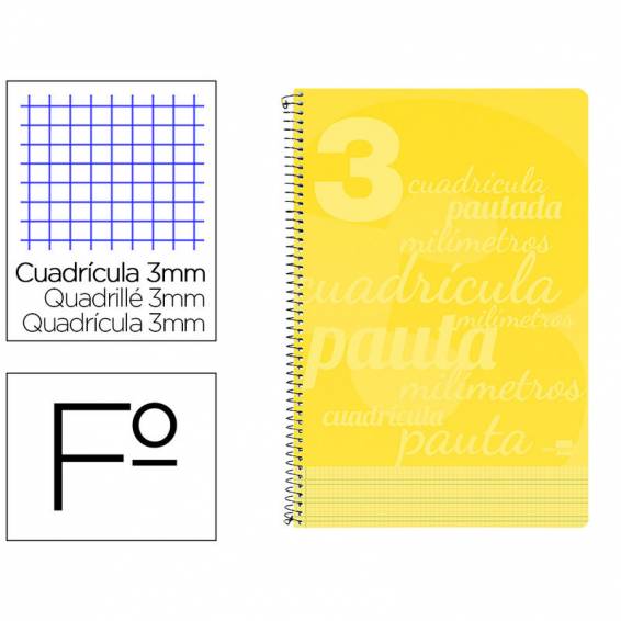 Cuaderno espiral liderpapel folio pautaguia tapa plastico 80h 75gr cuadro pautado 3mm con margen color amarillo