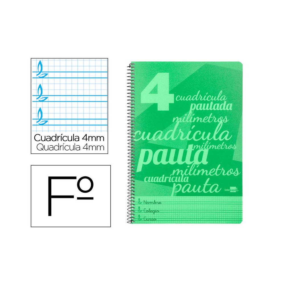 Cuaderno espiral liderpapel folio pautaguia tapa plastico 80h 75gr cuadro pautado 4mm con margen color verde