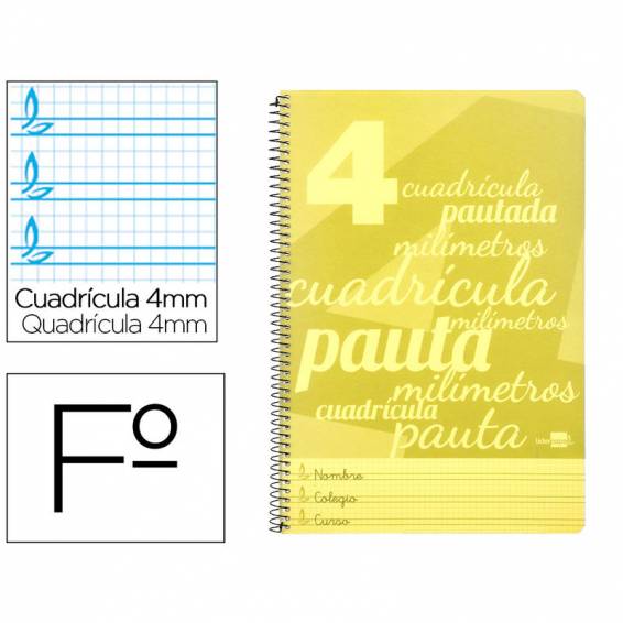 Cuaderno espiral liderpapel folio pautaguia tapa plastico 80h 75gr cuadro pautado 4mm con margen color amarillo