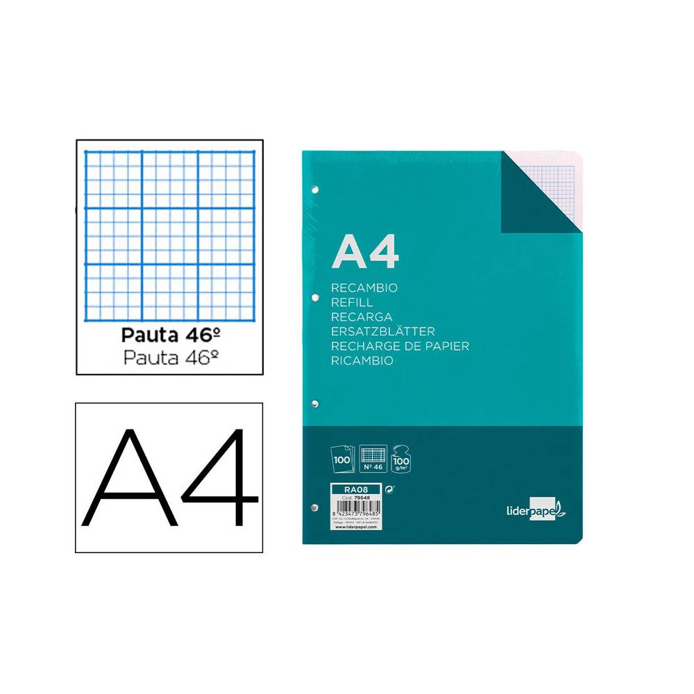 Recambio liderpapel a4 100 hojas 100 g/m2 rayado nº 46 4 taladros