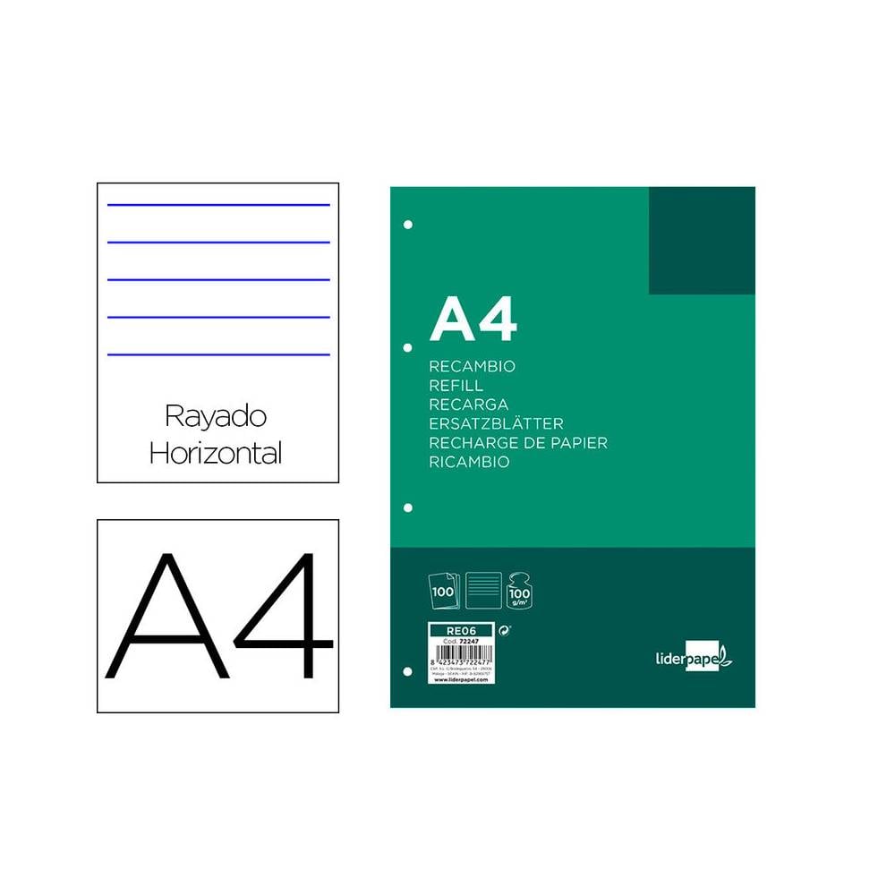 Recambio liderpapel a4 100 hojas 100 g/m2 rayado horizontal 4 taladros bandas de 5 colores