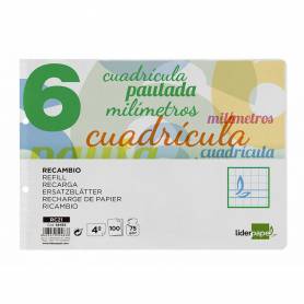 Recambio liderpapel cuarto apaisado pautaguia 100 hojas 75 g cuadriculado pautado 6 mm con margen 2 taladros