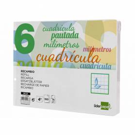 Recambio liderpapel cuarto apaisado pautaguia 100 hojas 75 g cuadriculado pautado 6 mm con margen 2 taladros