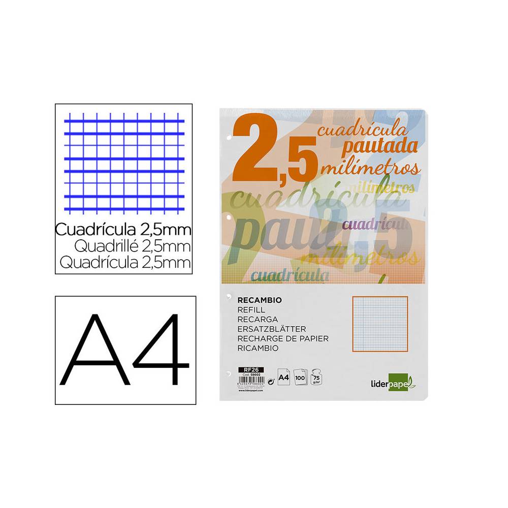 Recambio liderpapel a4 pautaguia 100 hojas 75 g/m2 cuadriculado pautado 2,5 mm con margen 4 taladros