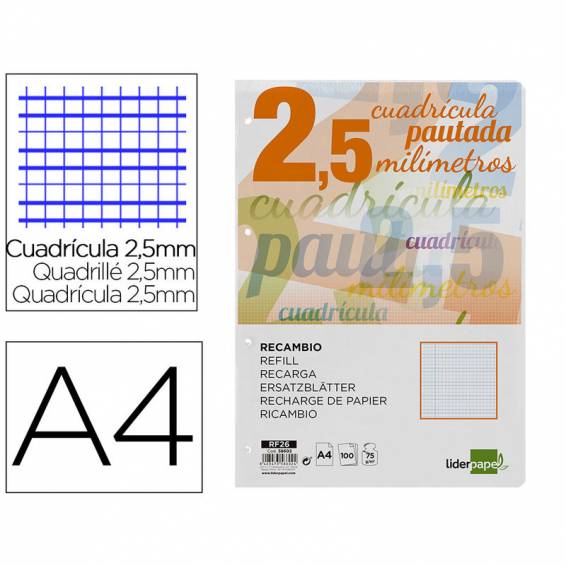 Recambio liderpapel a4 pautaguia 100 hojas 75 g/m2 cuadriculado pautado 2,5 mm con margen 4 taladros