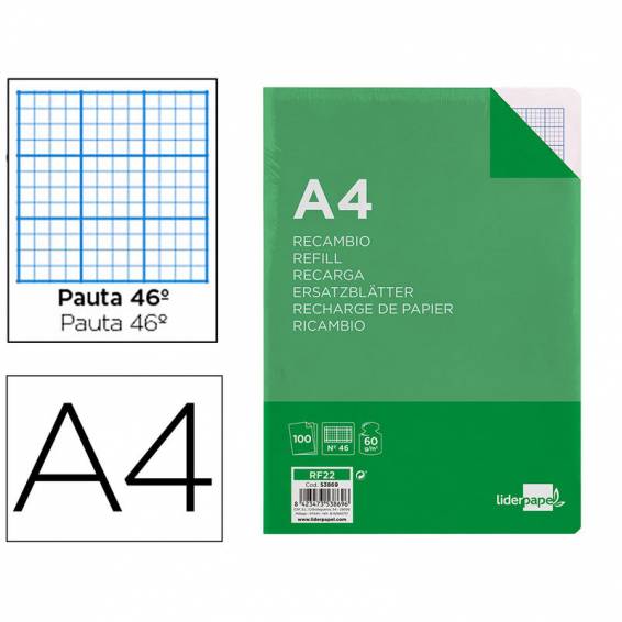 Recambio liderpapel a4 100 hojas 60g/m2 rayado nº 46 4 taladros