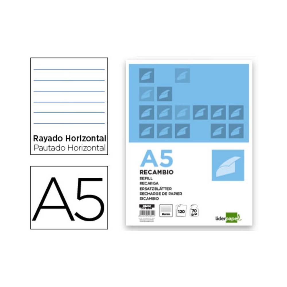 Recambio liderpapel a5 120 hojas 80g/m2 horizontal sin margen 6 taladros bandas de 5 colores