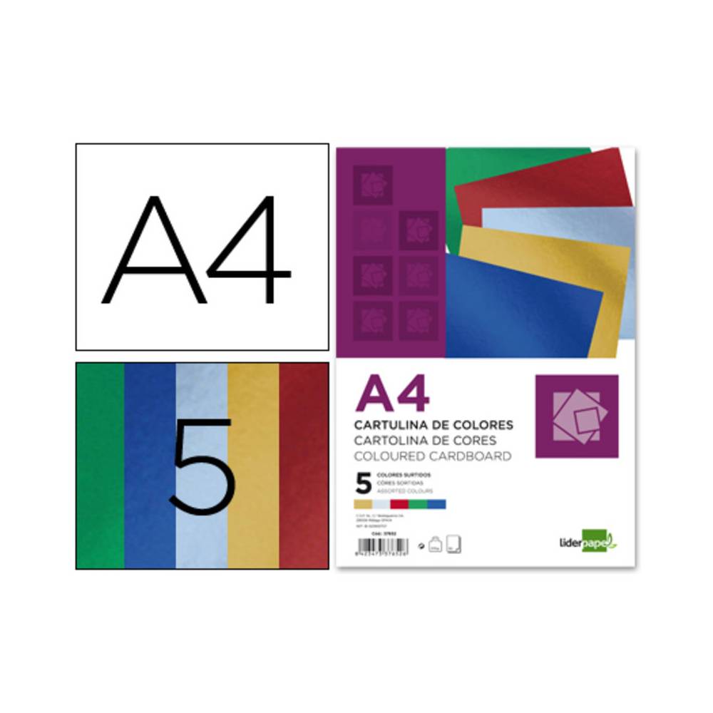 Cartulina liderpapel a4 235 g/m2 metalizada 5 colores surtidos paquete de 50 hojas