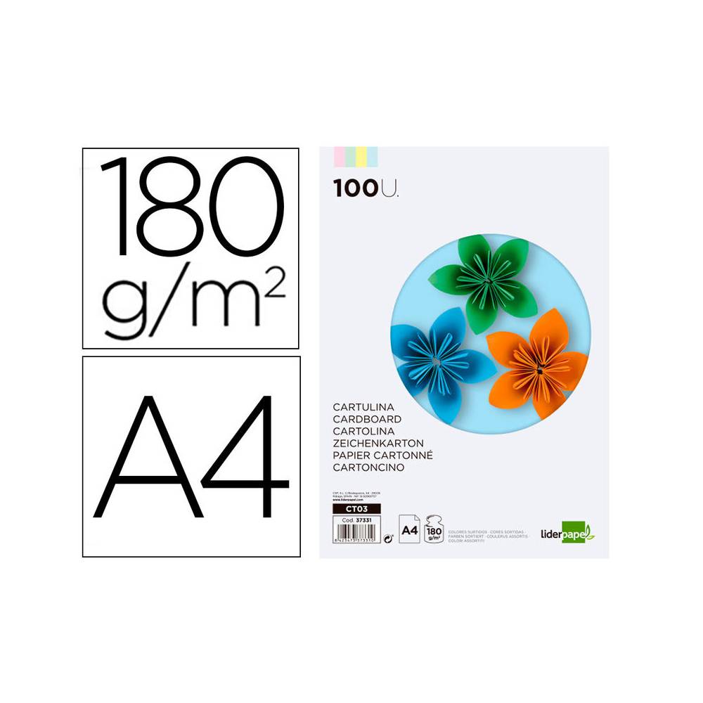 Cartulina liderpapel a4 180g/m2 4 colores surtidos paquete de 100 hojas