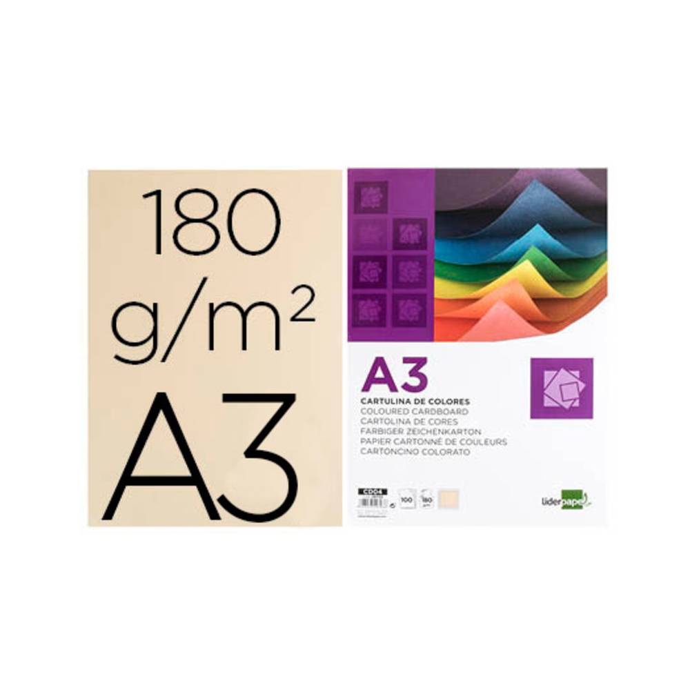 Cartulina liderpapel a3 180g/m2 crema paquete de 100 hojas