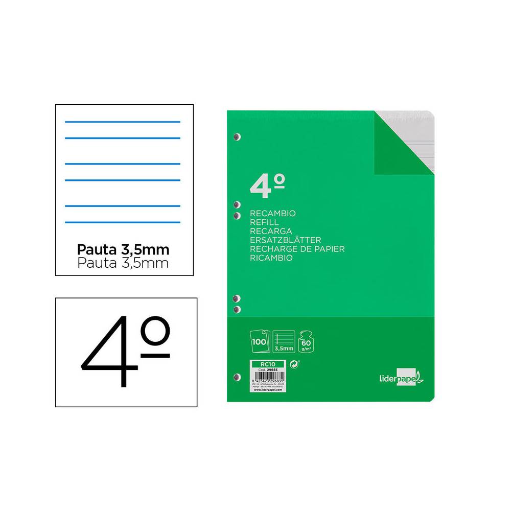 Recambio liderpapel cuarto 100 hojas 60g/m2 pauta 4ª 3.5mm con margen 6 taladros