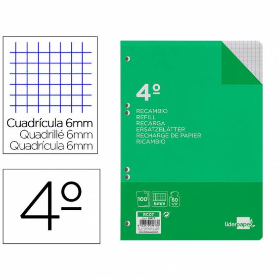 Recambio liderpapel cuarto 100 hojas 60g/m2 cuadro 6mm con margen 6 taladros