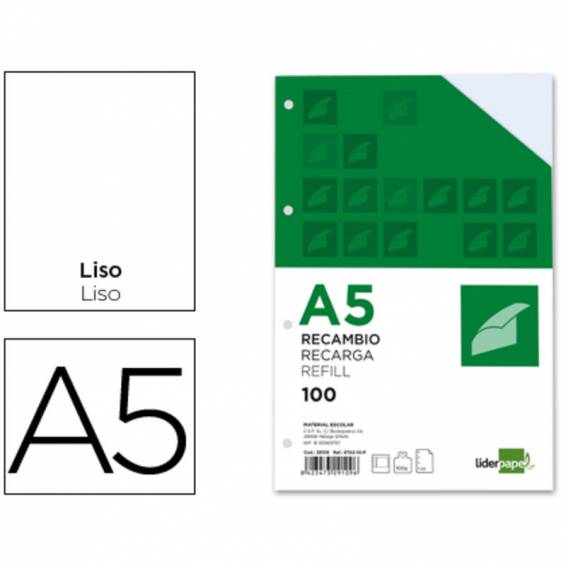 Recambio liderpapel a5 100 h 100g/m2 liso con margen 6 taladros