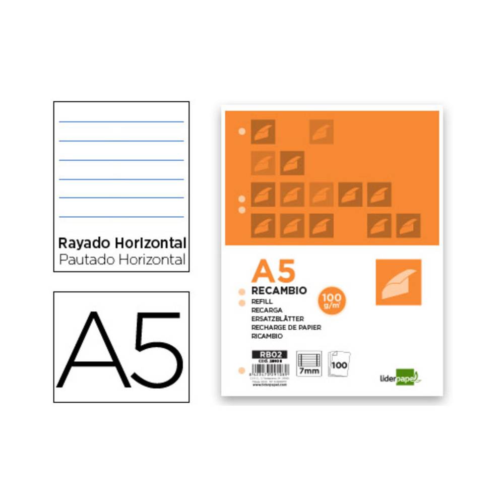 Recambio liderpapel a5 100 h 100g/m2 horizontal con margen 6 taladros