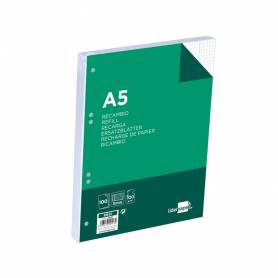 Recambio liderpapel a5 100 h 100g/m2 cuadro 5mm con margen 6 taladros