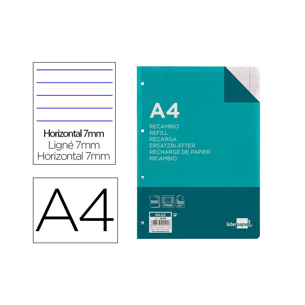 Recambio liderpapel a4 100 hojas 100g/m2 horizontal con doble margen 4 taladros