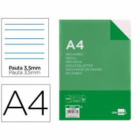 Recambio liderpapel a4 100 hojas 60g/m2pauta 4ª 3.5mm con margen 4 taladros