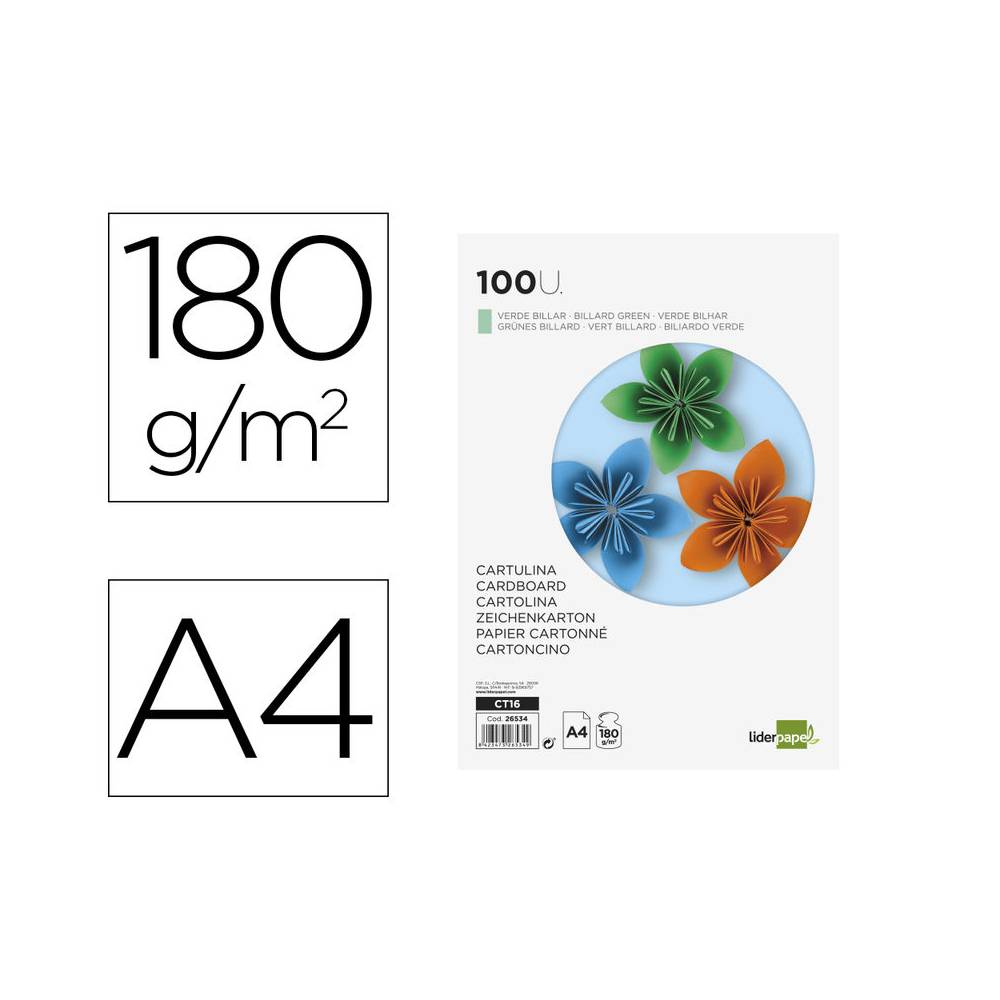 Cartulina liderpapel a4 180g/m2 verde billar paquete de 100 hojas