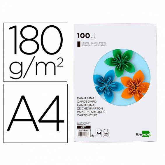 Cartulina liderpapel a4 180g/m2 negro paquete de 100 hojas