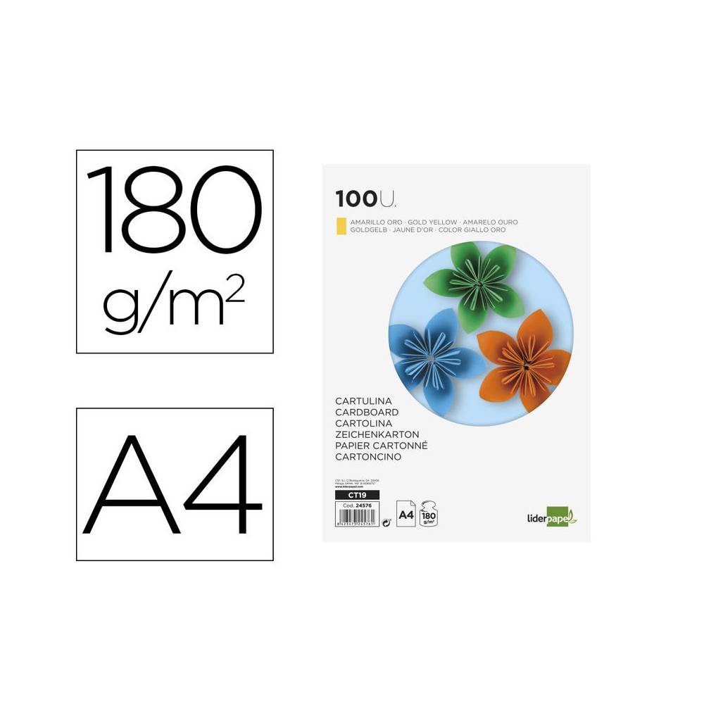 Cartulina liderpapel a4 180g/m2 oro paquete de 100 hojas